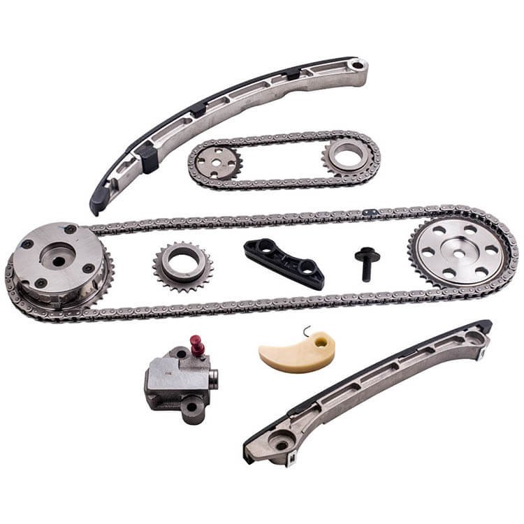 Two timing-chain assemblies with sprockets, guides, and tensioning parts on a white background