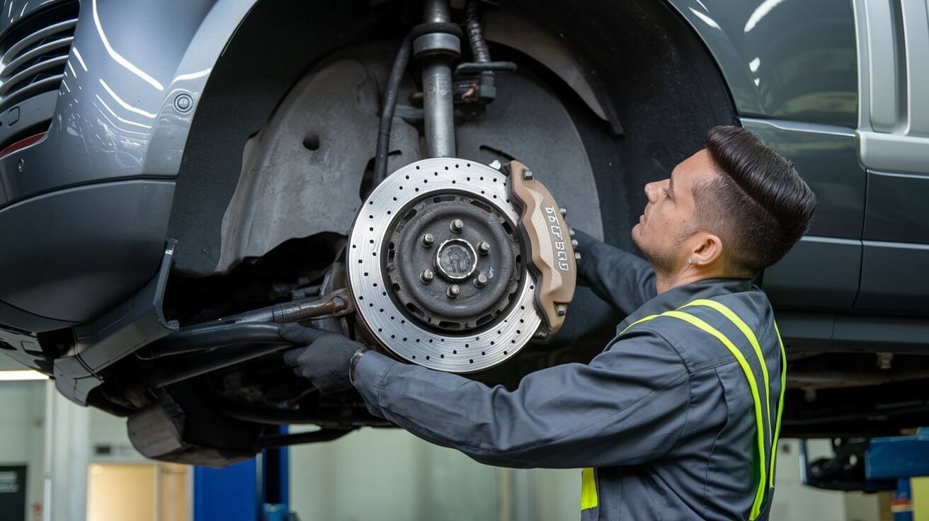 Range Rover brake components being inspected during workshop service