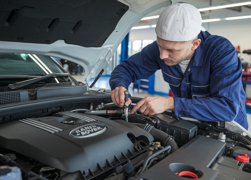 a photo of a technician reapiring engine misfire in Range Rover