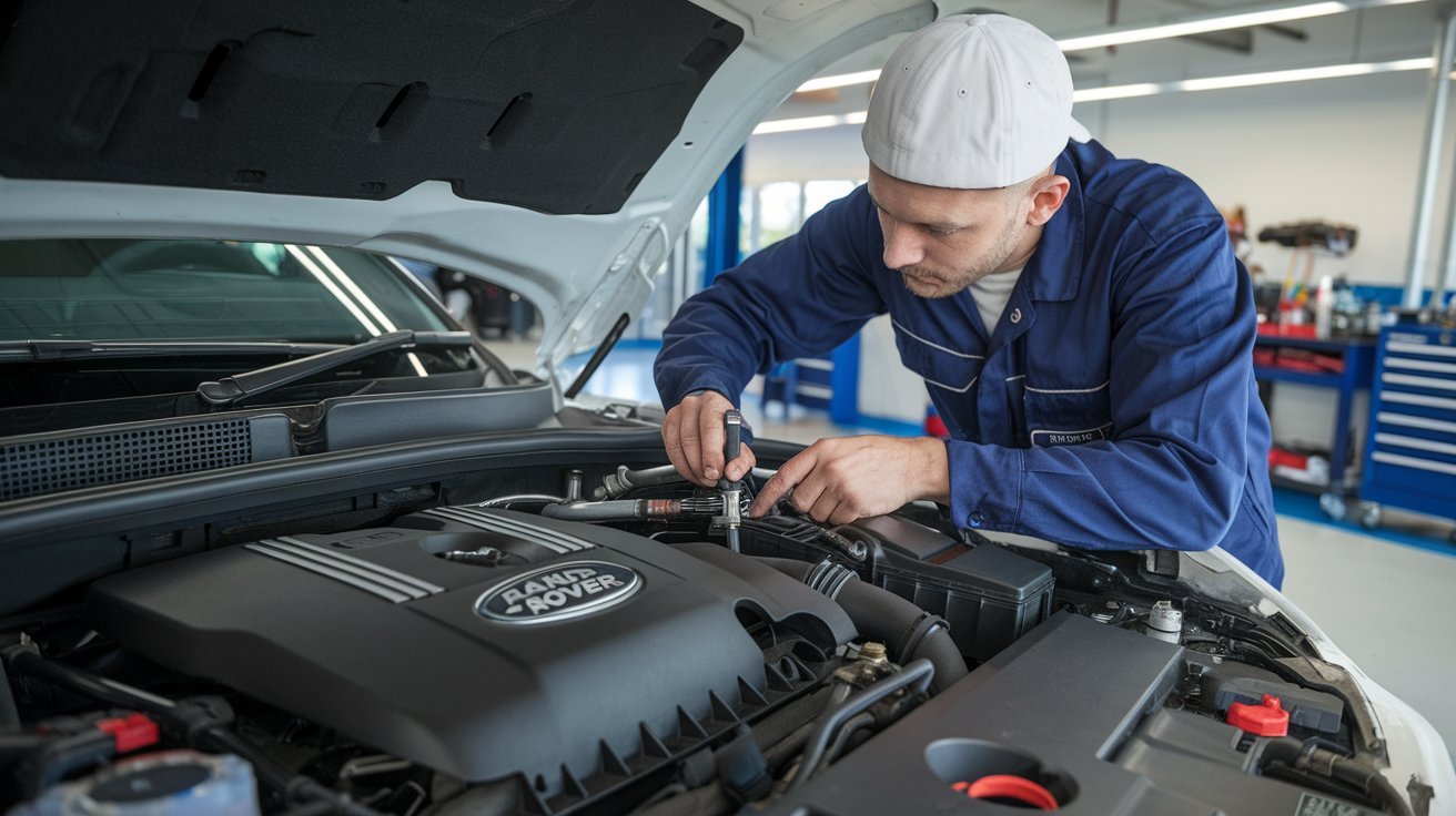 Technician carrying out electronic and mechanical diagnosis on a Range Rover