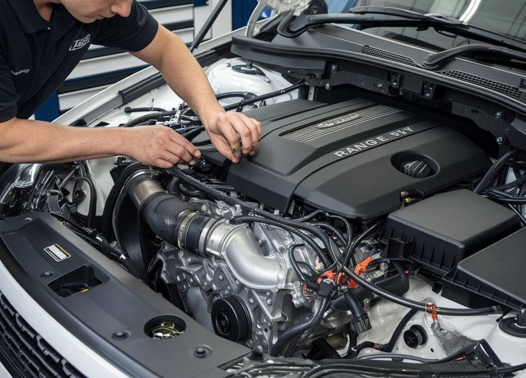 a professional photo of technician repairing engine misfire
