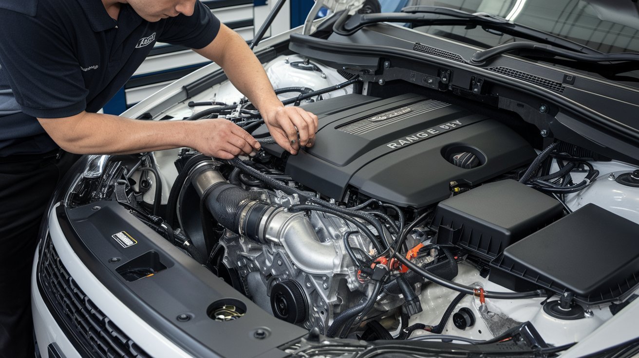 Technician inspecting a Range Rover engine before turbo repair approval