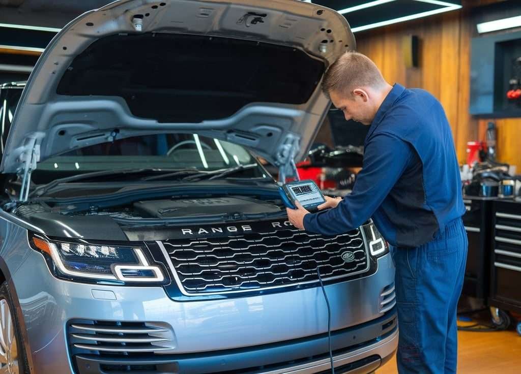 Technician holding a diagnostic device beside an open Range Rover engine bay