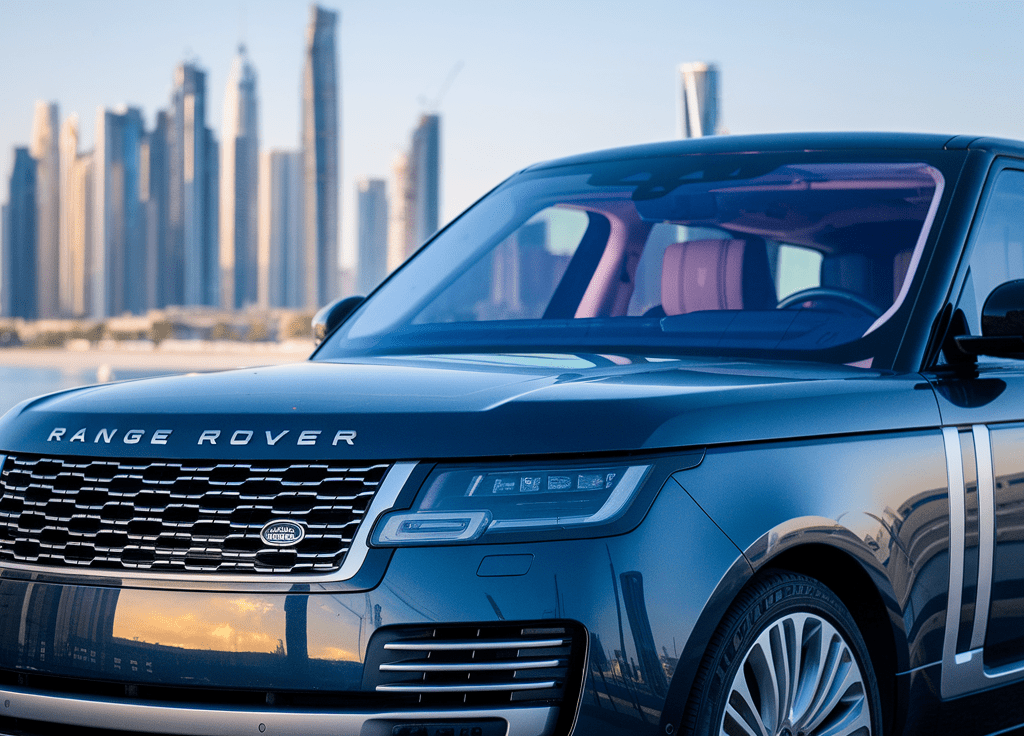 Dark Range Rover beside a waterfront skyline with its windshield and side windows visible