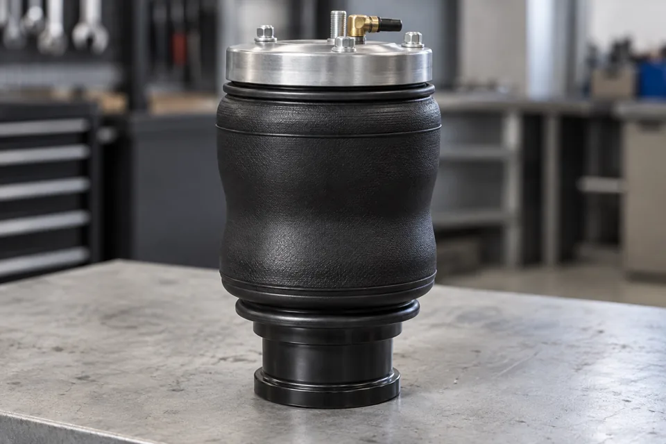 Generic air suspension spring with a rubber sleeve, metal top cap and air connection
