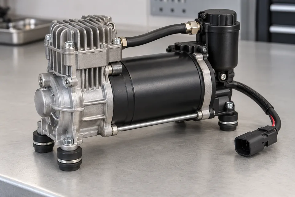 Air suspension compressor component example with motor, cooling fins and dryer housing