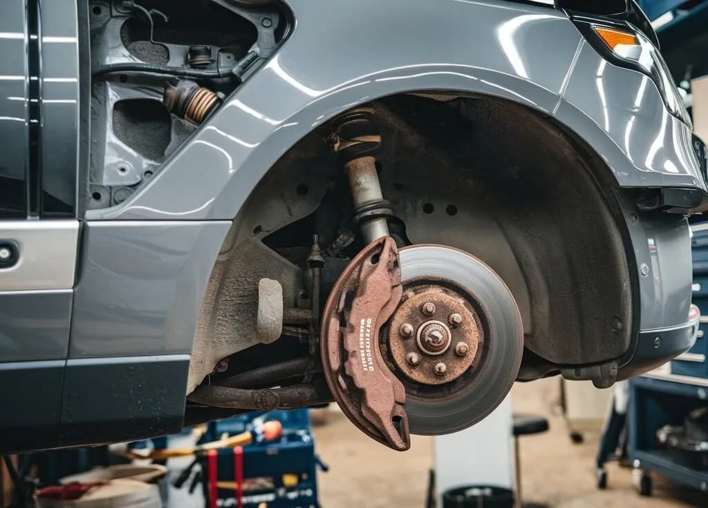 Brake disc and caliper visible with the front wheel removed