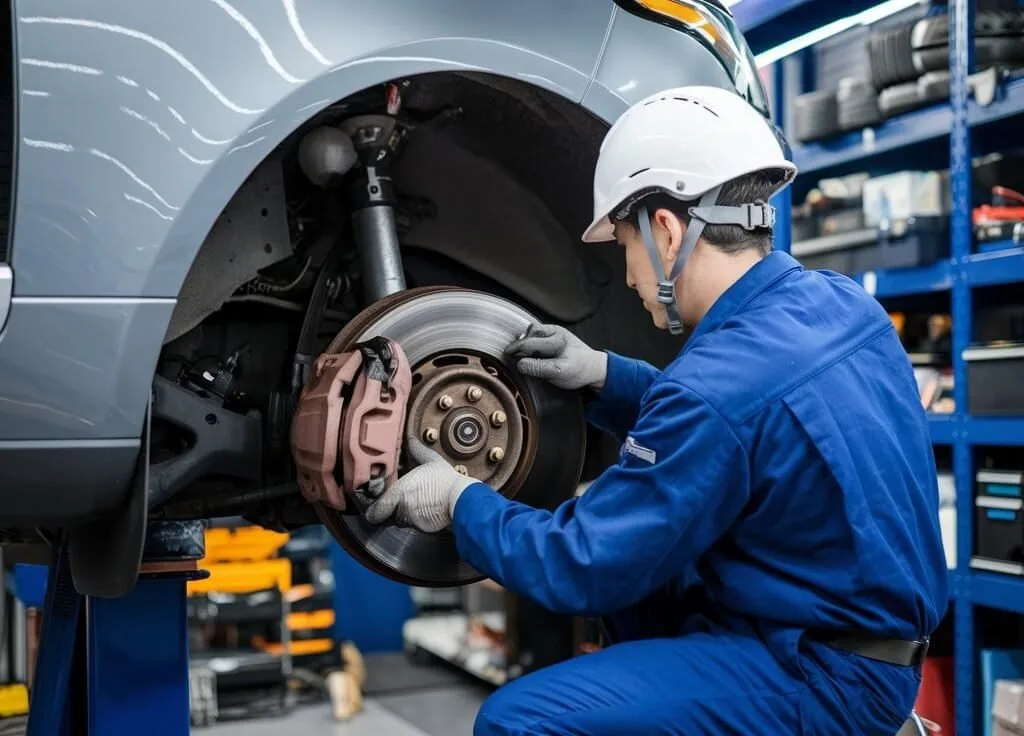 Technician beside a brake disc and caliper with the wheel removed