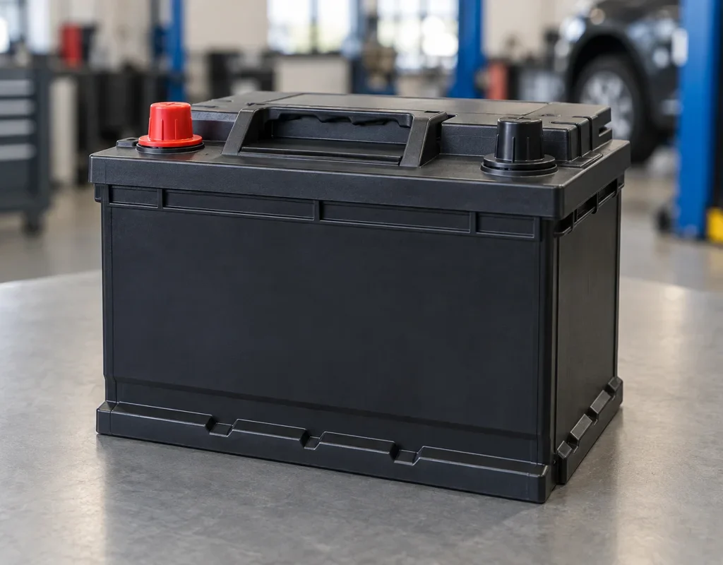 Black vehicle battery with red and black protective terminal caps