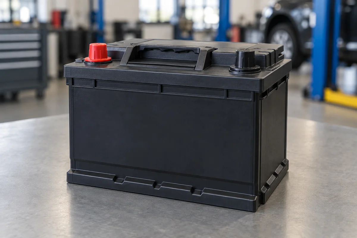 Black vehicle battery with red and black protective terminal caps