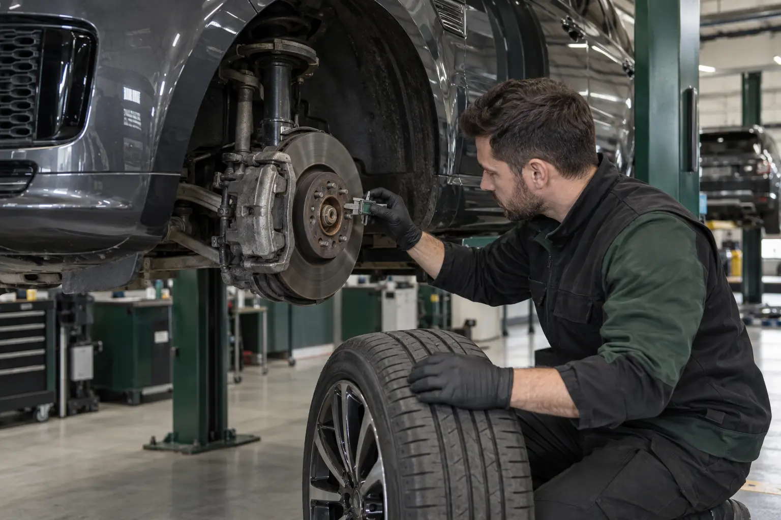 Technician inspecting Range Rover brakes and tyre wear in a workshop