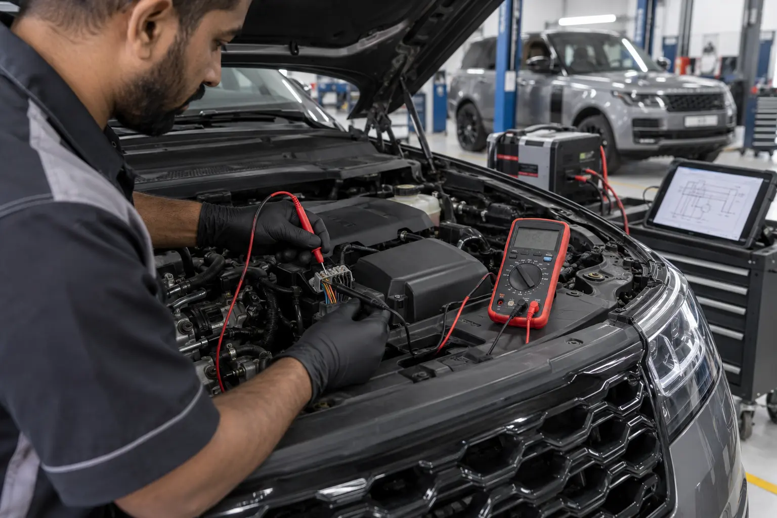 Technician testing Range Rover module power and ground circuits with a multimeter