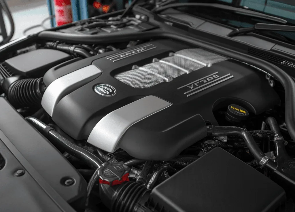 Engine cover, intake hoses and fluid caps in an engine bay