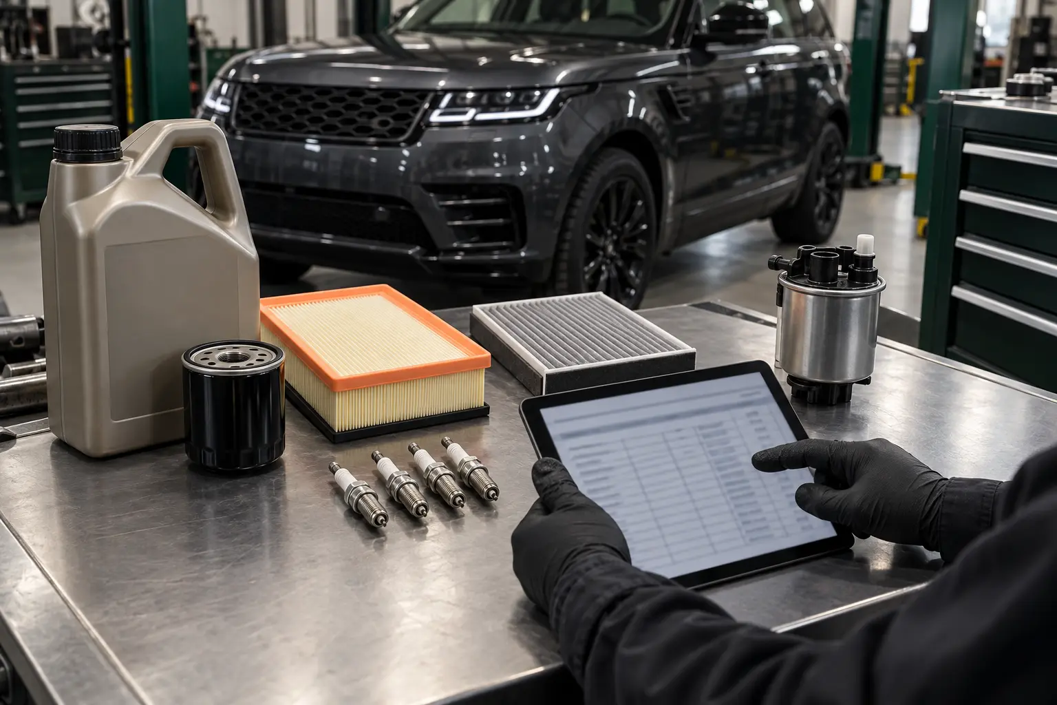 Range Rover petrol and diesel maintenance parts arranged for an engine-specific service review