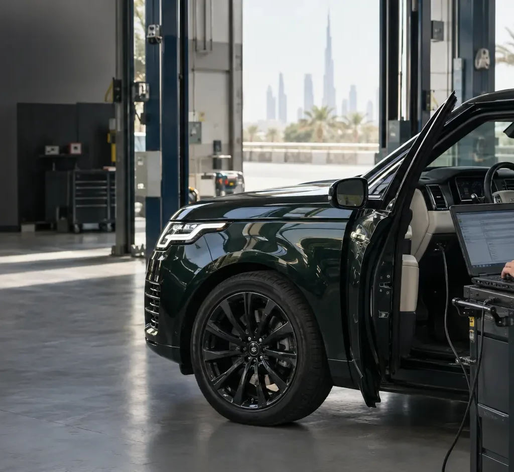 Technician reviewing a Range Rover fault-code scan in a Dubai workshop