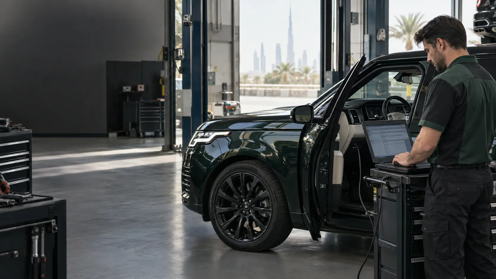 Technician reviewing a Range Rover fault-code scan in a workshop