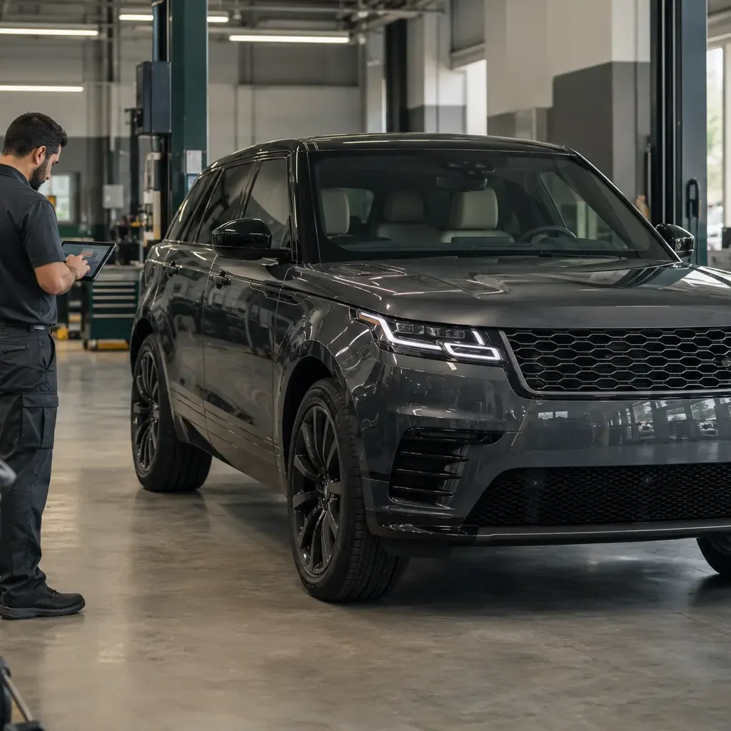Dark grey Range Rover with a technician reviewing its maintenance schedule in a specialist workshop