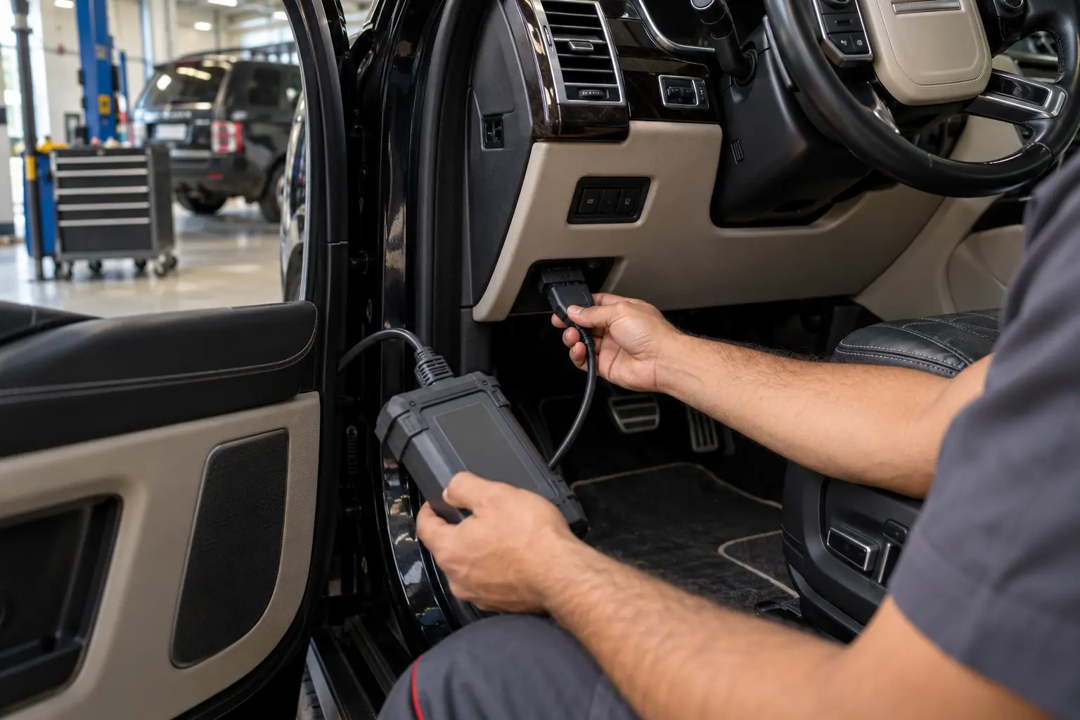 Technician connecting a diagnostic interface to a Range Rover OBD port