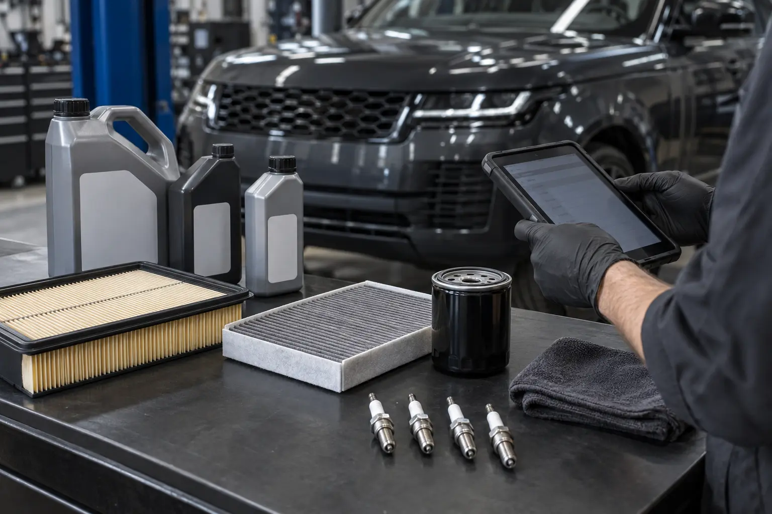 Range Rover service parts including oil filter, air filter, cabin filter and spark plugs