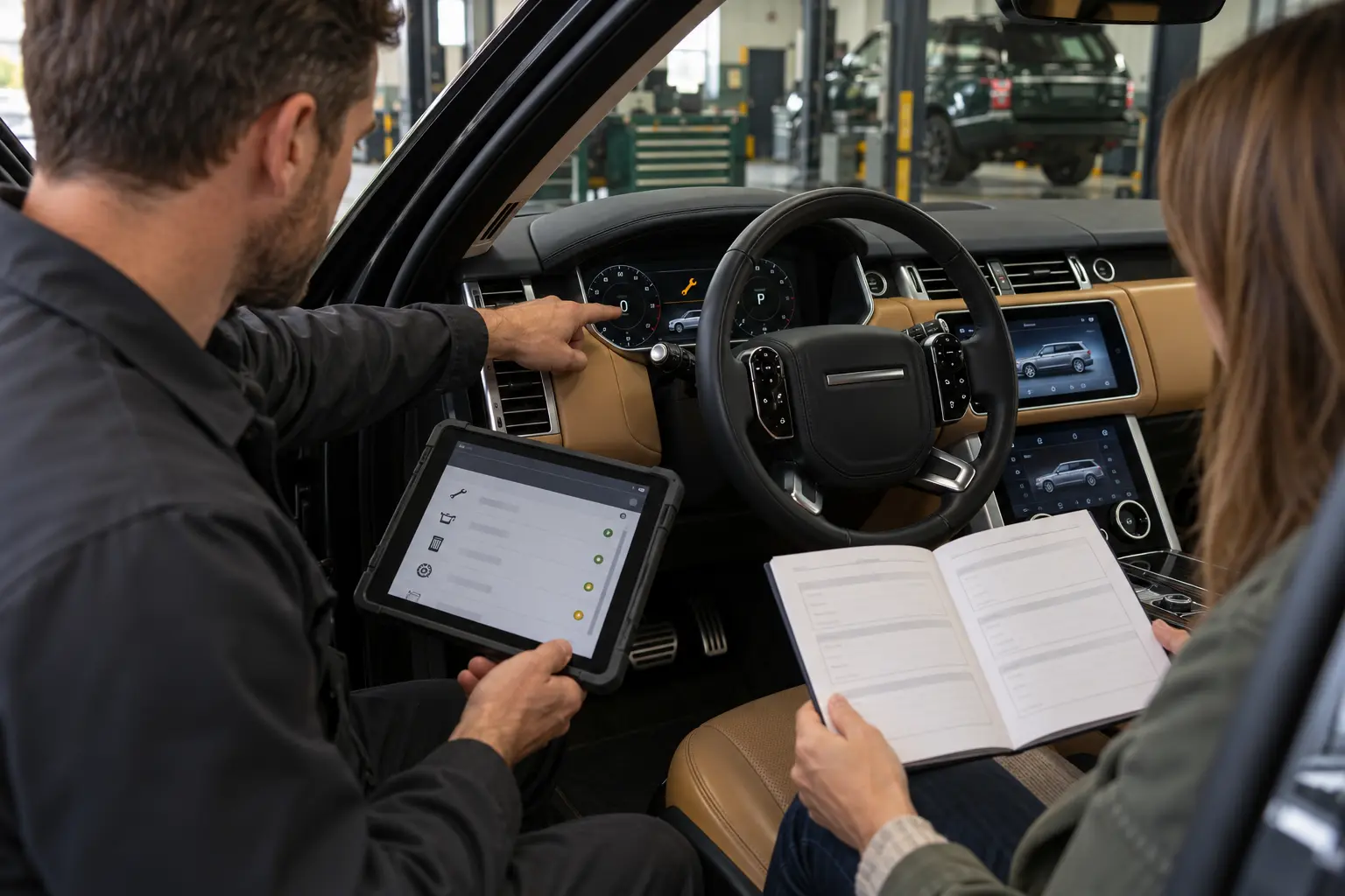 Technician comparing a Range Rover dashboard reminder with its service history and maintenance record