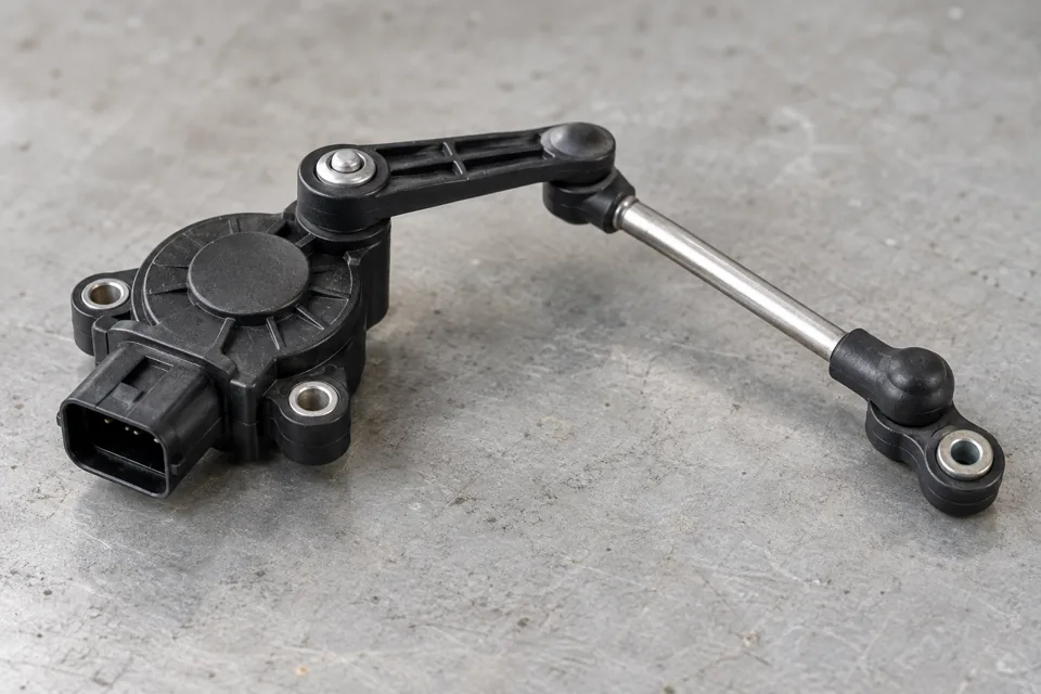 Ride height sensor component example with an electrical socket, lever arm and linkage rod