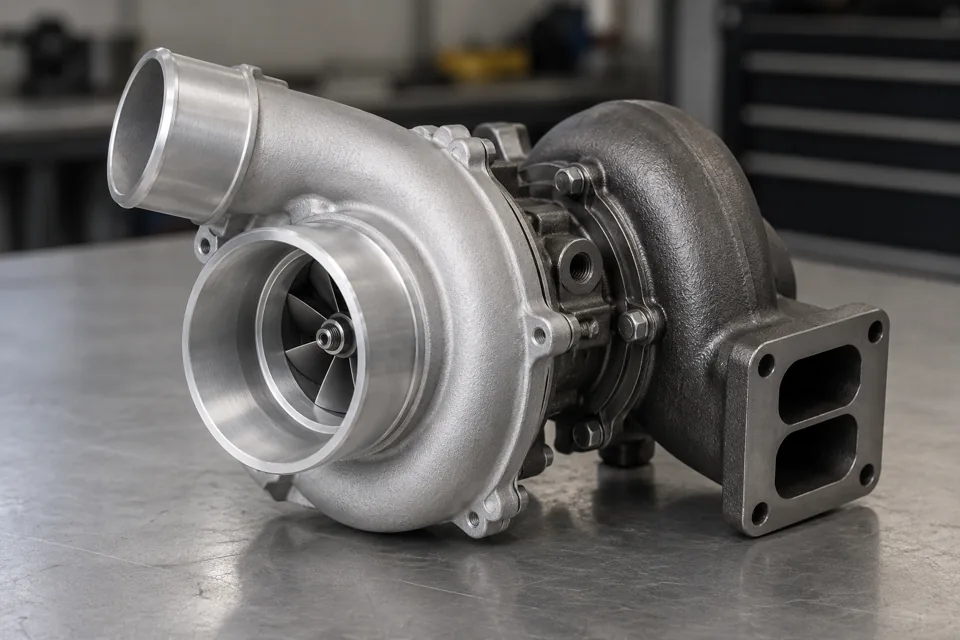 Turbocharger component with silver compressor housing and darker turbine housing